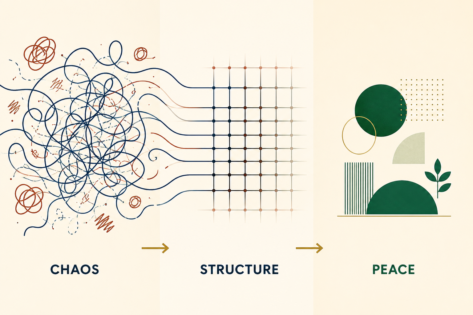 Chaos to structure to peace illustration